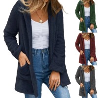 Cardigan Jacket Solid Color Fleece Pocket Opening Strap Women's 3