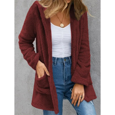 Cardigan Jacket Solid Color Fleece Pocket Opening Strap Women's 3