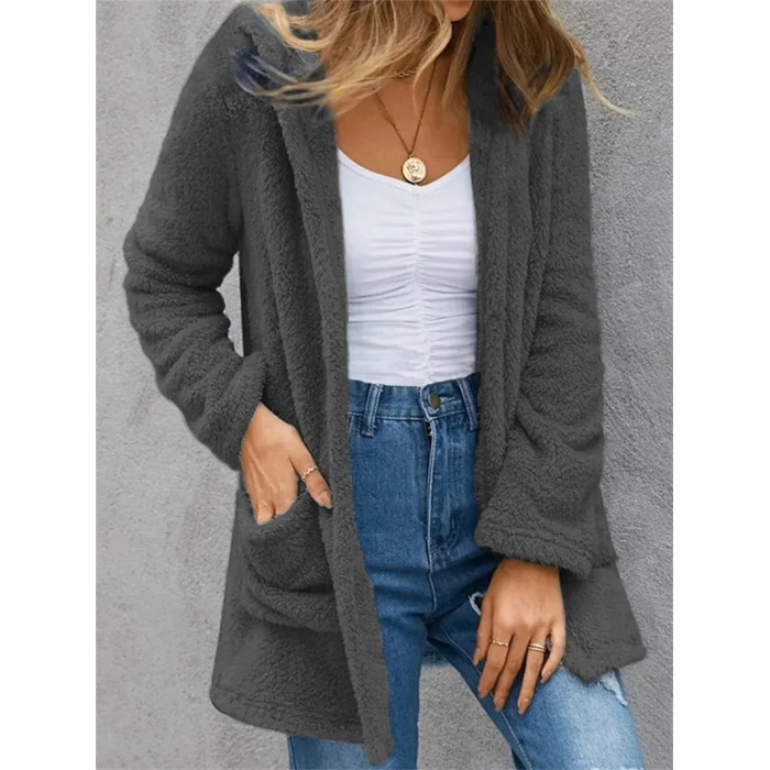 Cardigan Jacket Solid Color Fleece Pocket Opening Strap Women's 3