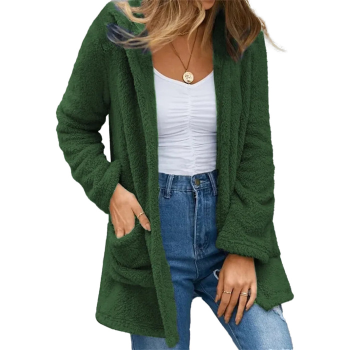 Cardigan Jacket Solid Color Fleece Pocket Opening Strap Women's 3