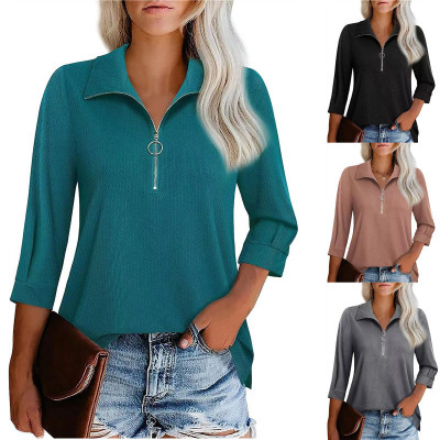 Three-quarter sleeve solid color tops and shirts POLO women's clothing 1