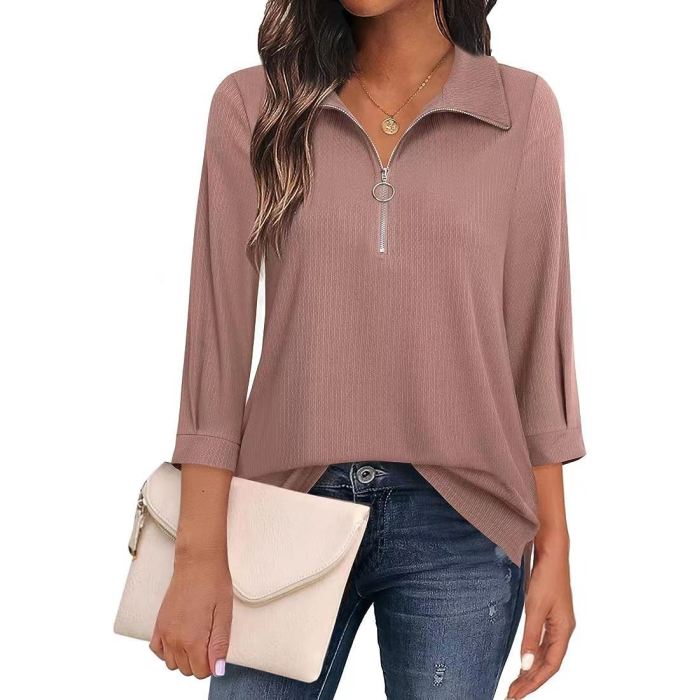 Three-quarter sleeve solid color tops and shirts POLO women's clothing 1