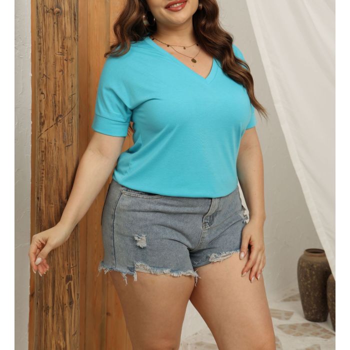 V-neck solid color short-sleeved loose women's top 2