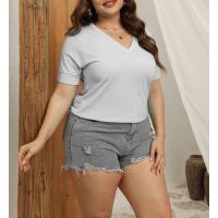 V-neck solid color short-sleeved loose women's top 2