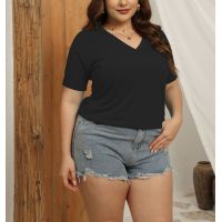 V-neck solid color short-sleeved loose women's top 2