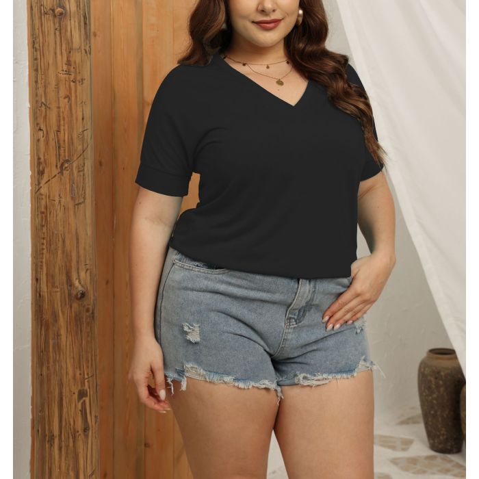V-neck solid color short-sleeved loose women's top 2