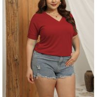 V-neck solid color short-sleeved loose women's top 2