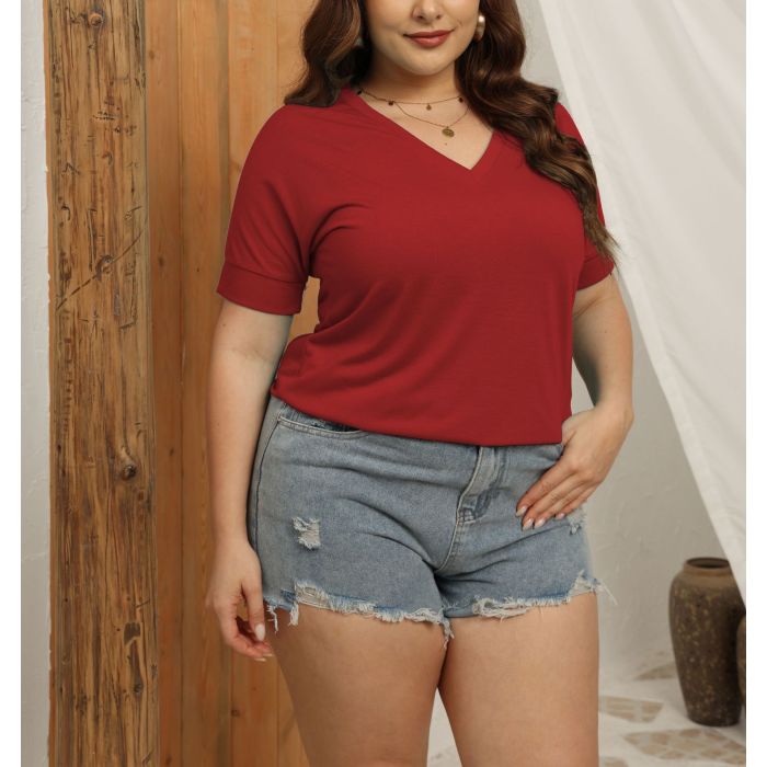 V-neck solid color short-sleeved loose women's top 2