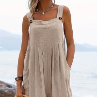 Adjustable Button Bib Shorts Pleated Wide Leg Romper 26