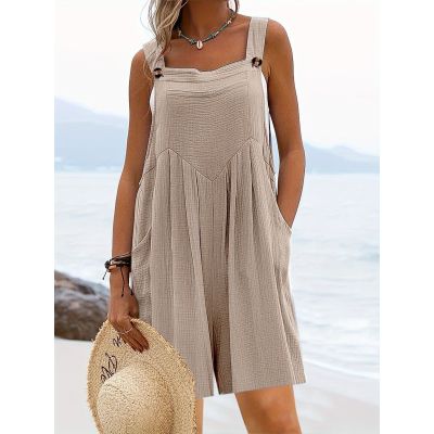 Adjustable Button Bib Shorts Pleated Wide Leg Romper 26