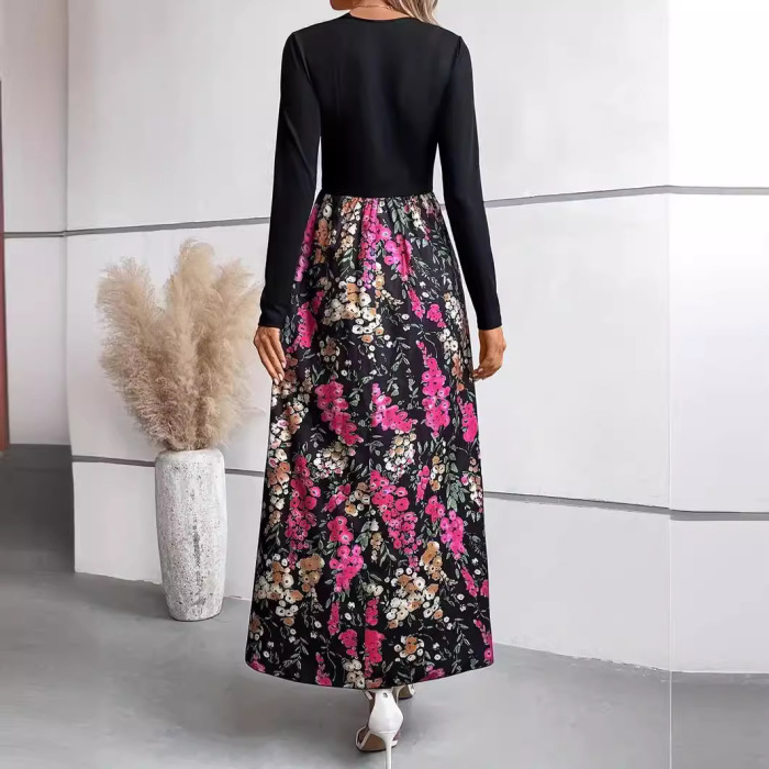 Autumn and winter floral print colorblock long sleeve dress 34