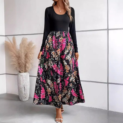 Autumn and winter floral print colorblock long sleeve dress 34