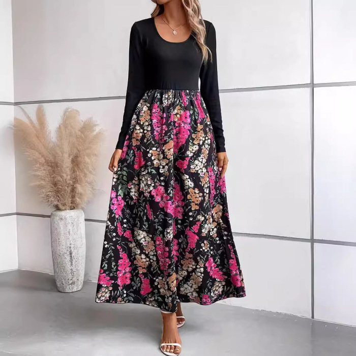 Autumn and winter floral print colorblock long sleeve dress 34