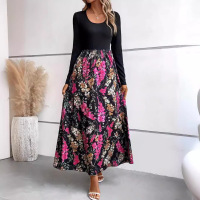 Autumn and winter floral print colorblock long sleeve dress 34