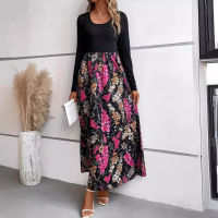 Autumn and winter floral print colorblock long sleeve dress 34