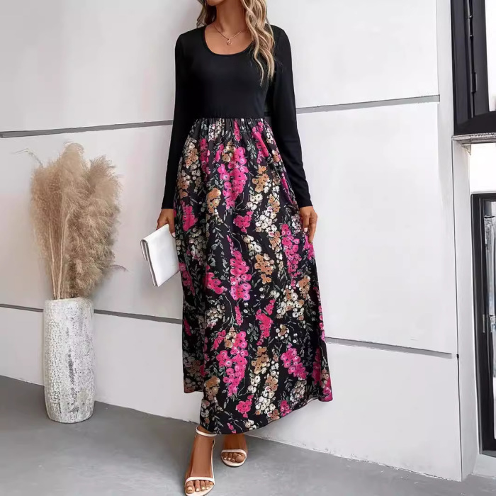 Autumn and winter floral print colorblock long sleeve dress 34