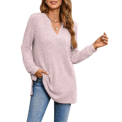 Knitted long sleeve solid color side slit loose top with pockets 32