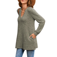 Knitted long sleeve solid color side slit loose top with pockets 32