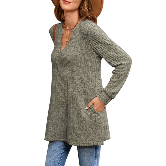 Knitted long sleeve solid color side slit loose top with pockets 32