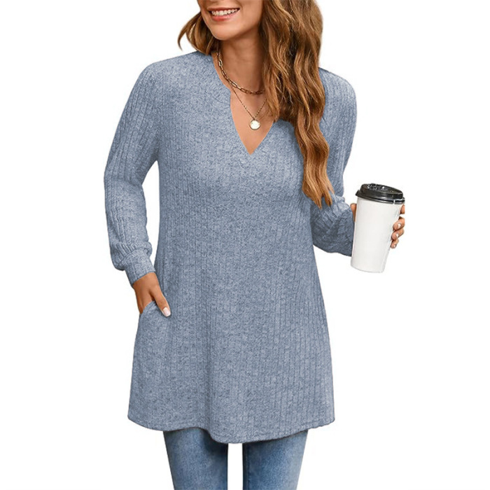 Knitted long sleeve solid color side slit loose top with pockets 32