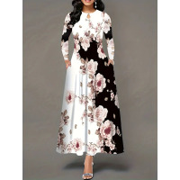 Round neck long sleeve printed pocket waist wide skirt 8