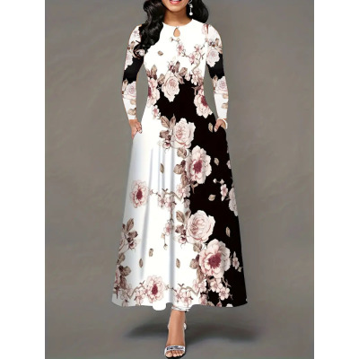 Round neck long sleeve printed pocket waist wide skirt 8