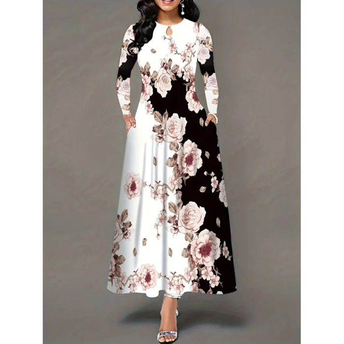Round neck long sleeve printed pocket waist wide skirt 8