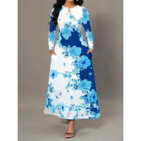 Round neck long sleeve printed pocket waist wide skirt 8