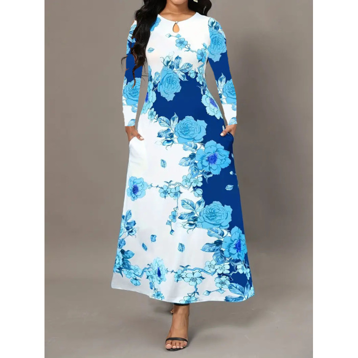 Round neck long sleeve printed pocket waist wide skirt 8