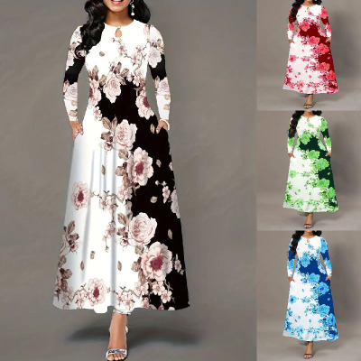 Round neck long sleeve printed pocket waist wide skirt 8