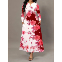 Round neck long sleeve printed pocket waist wide skirt 8