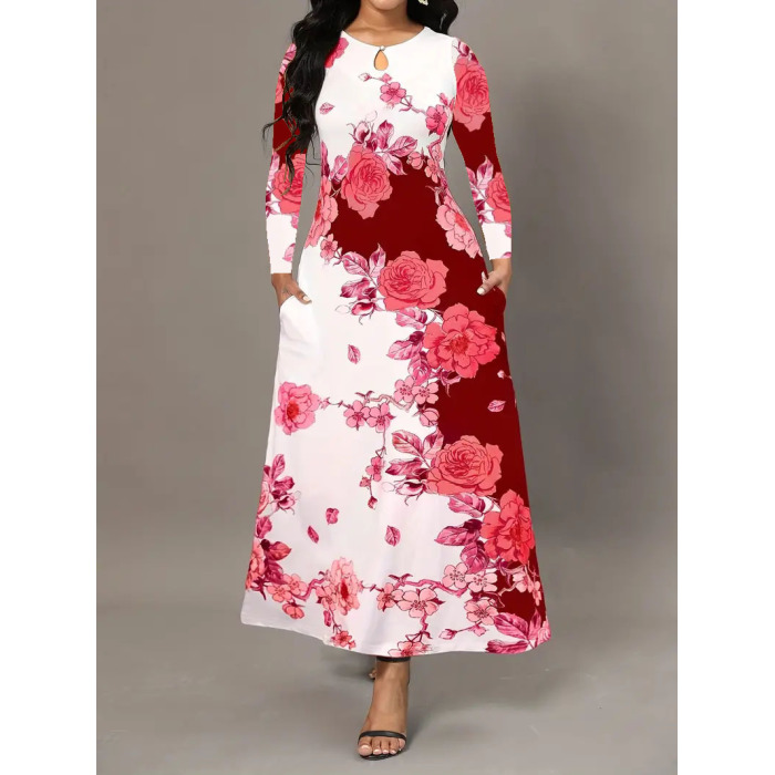 Round neck long sleeve printed pocket waist wide skirt 8