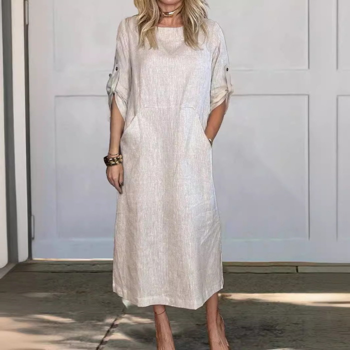 Solid color casual round neck double side pocket long dress 16