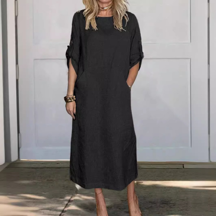 Solid color casual round neck double side pocket long dress 16