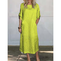 Solid color casual round neck double side pocket long dress 16