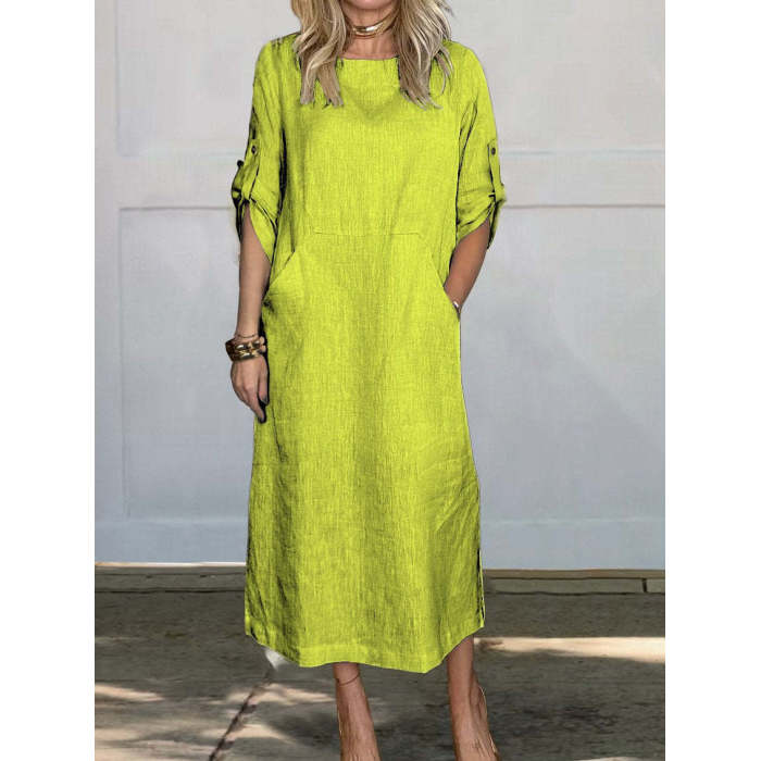 Solid color casual round neck double side pocket long dress 16