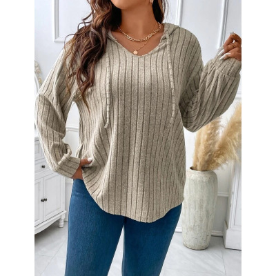 Solid Color Plus Size Women's Tops V-Neck Hooded Long Sleeves 6