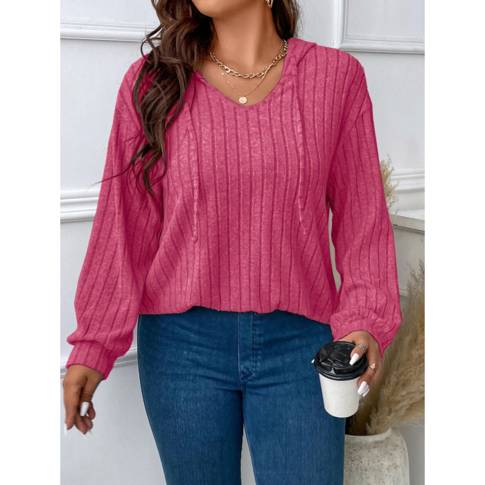 Solid Color Plus Size Women's Tops V-Neck Hooded Long Sleeves 6