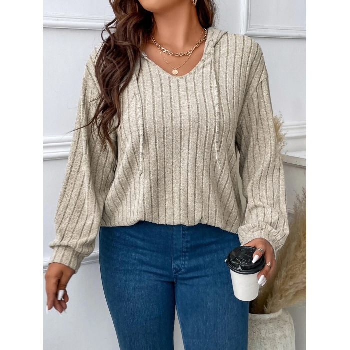 Solid Color Plus Size Women's Tops V-Neck Hooded Long Sleeves 6