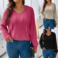 Solid Color Plus Size Women's Tops V-Neck Hooded Long Sleeves 6