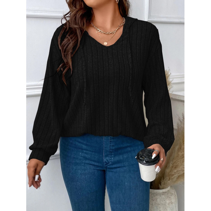 Solid Color Plus Size Women's Tops V-Neck Hooded Long Sleeves 6