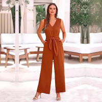 V-neck wide-leg jumpsuit sleeveless belted jumpsuit for women 15