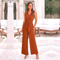 V-neck wide-leg jumpsuit sleeveless belted jumpsuit for women 15