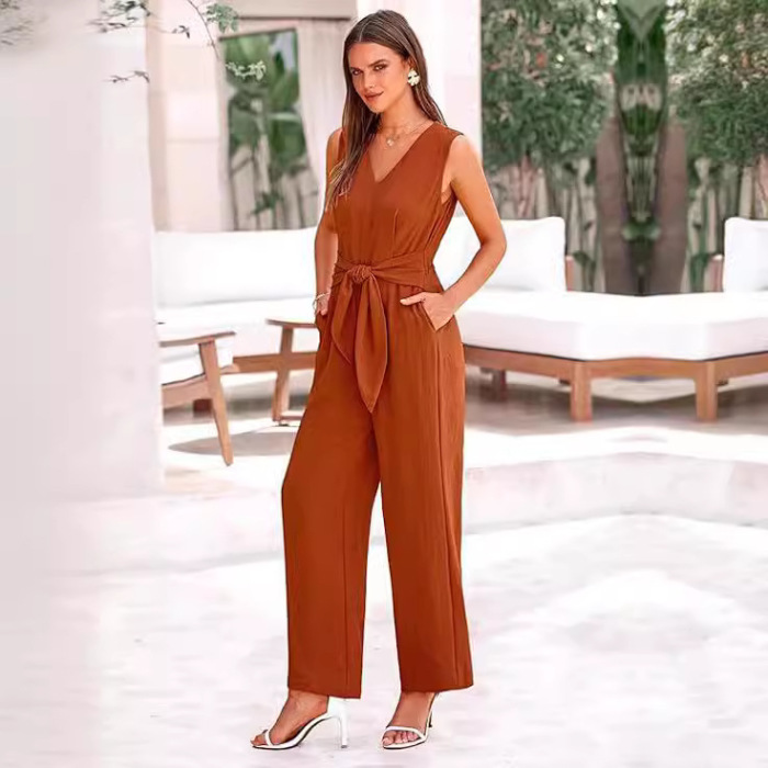 V-neck wide-leg jumpsuit sleeveless belted jumpsuit for women 15