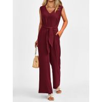 V-neck wide-leg jumpsuit sleeveless belted jumpsuit for women 15
