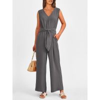 V-neck wide-leg jumpsuit sleeveless belted jumpsuit for women 15
