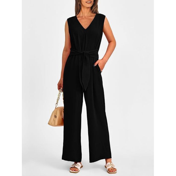 V-neck wide-leg jumpsuit sleeveless belted jumpsuit for women 15