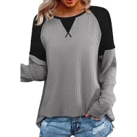 Waffle stitching long sleeve round neck T-shirt top for women 21