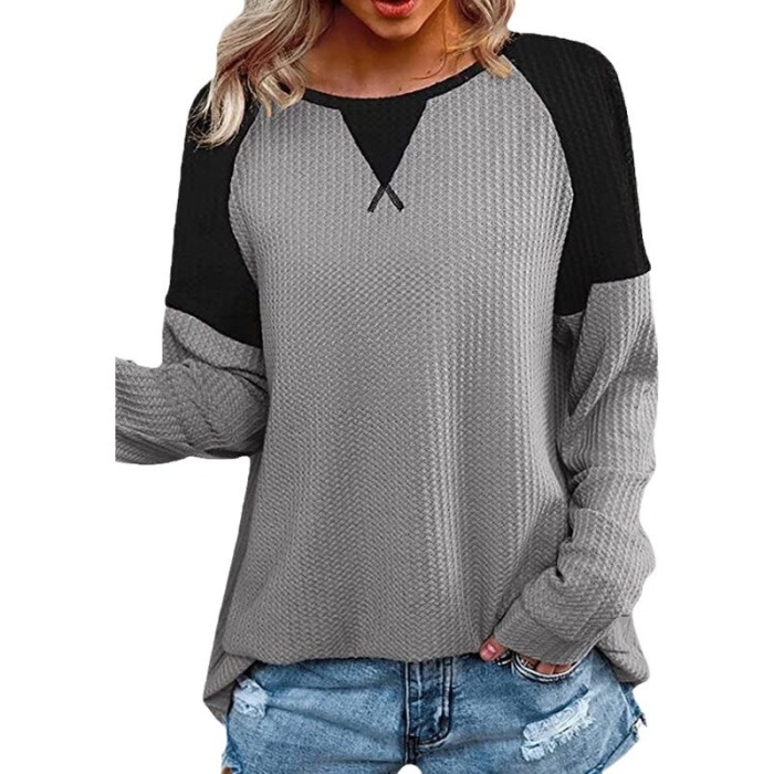 Waffle stitching long sleeve round neck T-shirt top for women 21