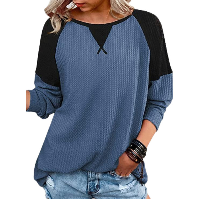 Waffle stitching long sleeve round neck T-shirt top for women 21